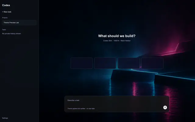 Codex workspace preview over an abstract dark harbor scene with cyan and magenta light reflected on water.