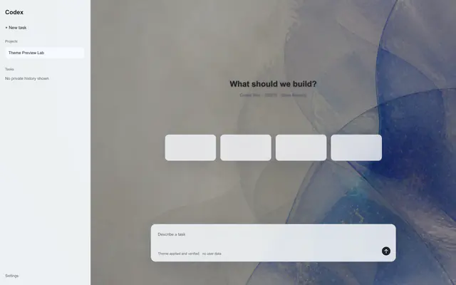 Codex workspace preview on pearl gray with translucent cobalt and periwinkle glass layers overlapping on the right.