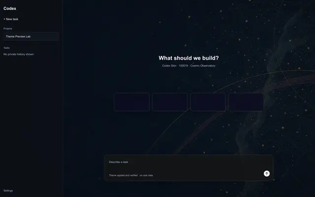 Codex workspace preview on midnight navy with sparse stars, orbital chart lines, and a faint ribbon on the right.