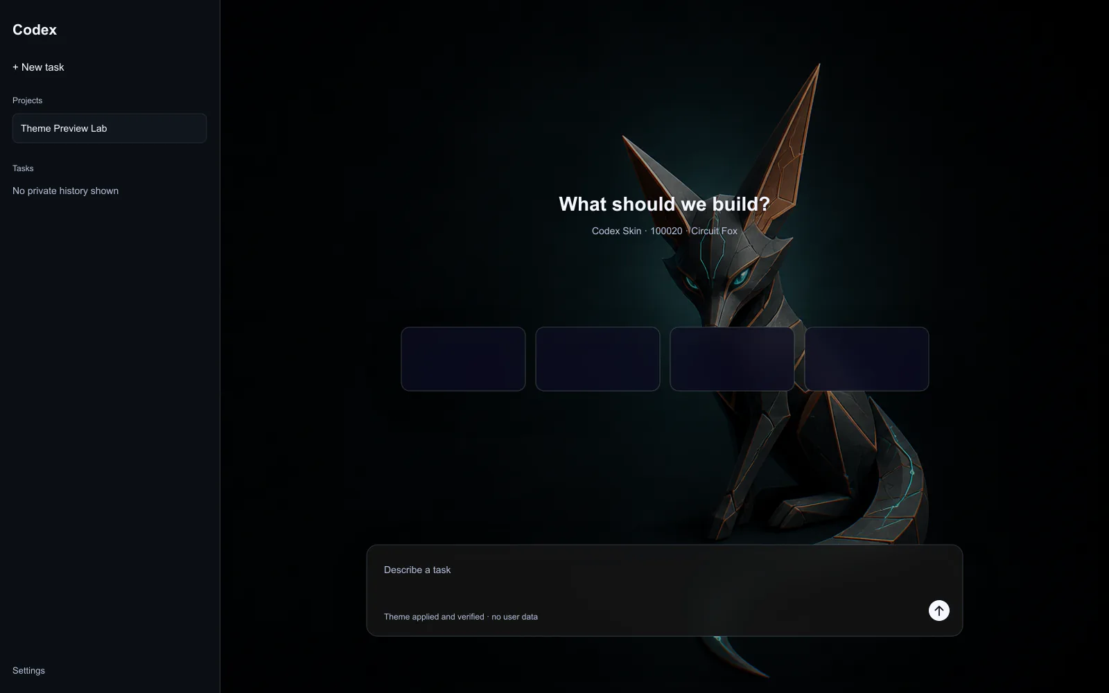 Codex workspace preview with an angular graphite fox-like companion and teal circuit trail on the right.