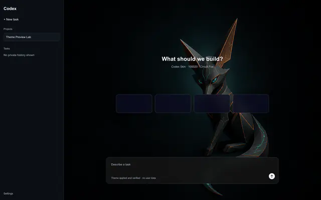 Codex workspace preview with an angular graphite fox-like companion and teal circuit trail on the right.