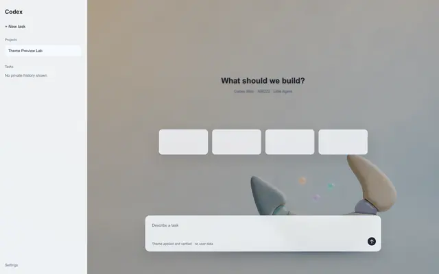 Codex workspace preview with a small asymmetric crescent-like modular companion on a bright pearl-gray background.